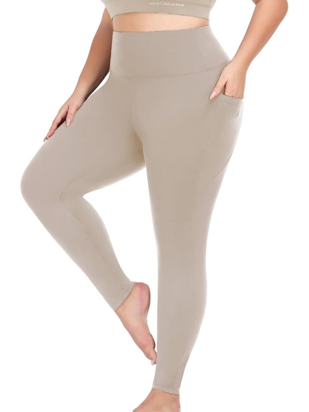 High-Waist Fleece Lines Pocket Leggings in Taupe